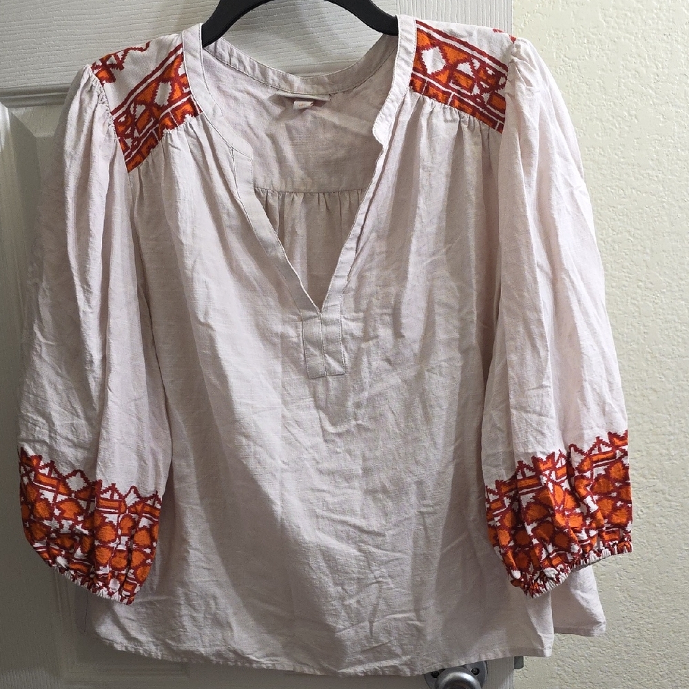 Knox Rose Ivory Boho Blouse with Bold Orange Accents Size L